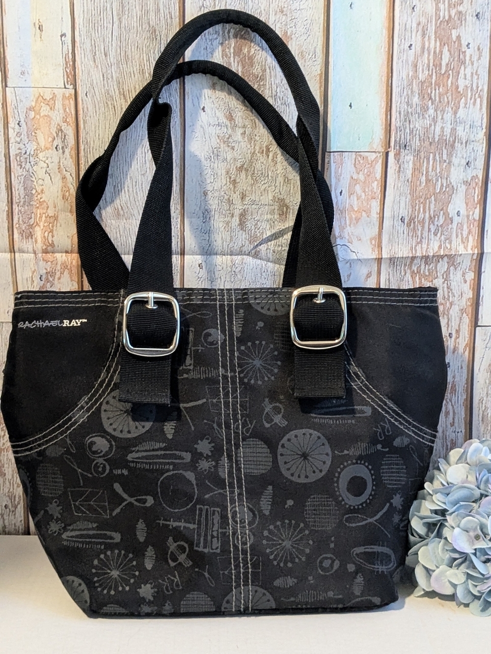 Rachael Ray Black Printed Canvas Lunchbox Tote with Buckle Straps